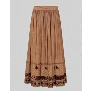 Vintage Crystals Rayon Boho Maxi Skirt Embroidered Velvet Hem Brown Medium